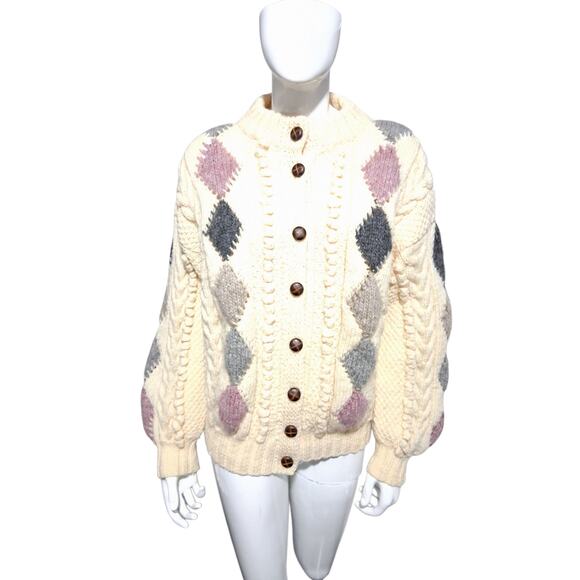 Vtg Standun Womens L Hand Knit Chunky Wool Ireland Fisherman Grandpa Sweater - Picture 2 of 12